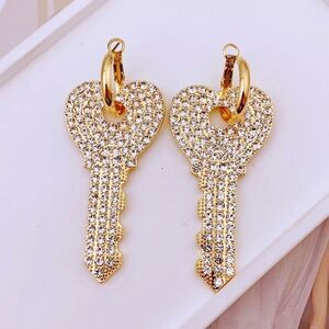 18K Gold Plated Heart Rhinestone Key Earrings